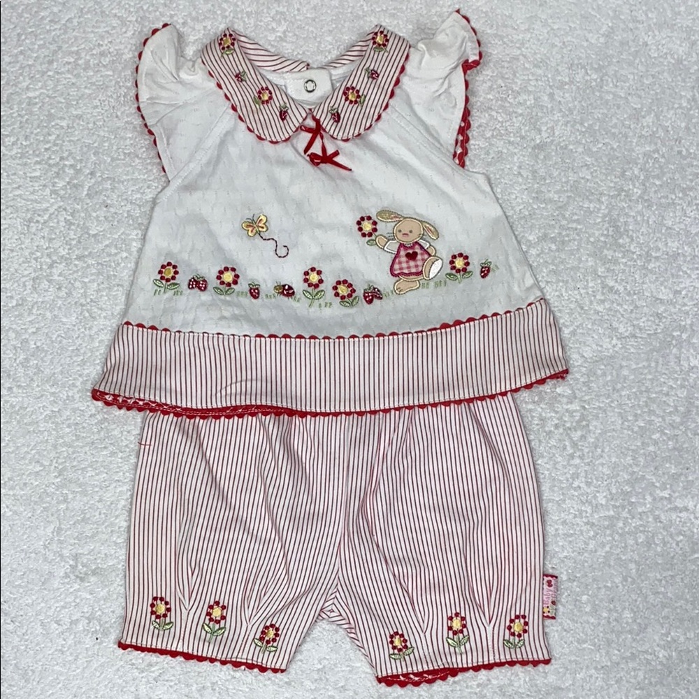 Vintage baby grand red white pinstripe bunny flower strawberry bloomer set 6/9m